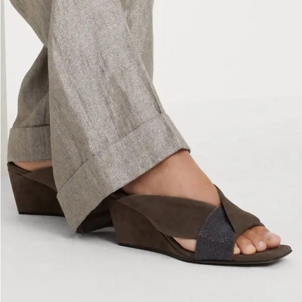 Brunello Cucinelli Dark Brown Wedge Sandals